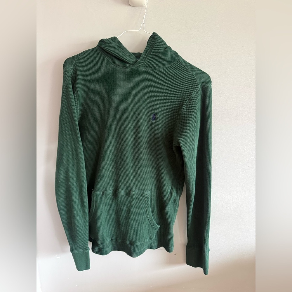 Polo Ralph Lauren Waffle Knit Hoodie Forest Green Pony Logo Cotton Pullover
